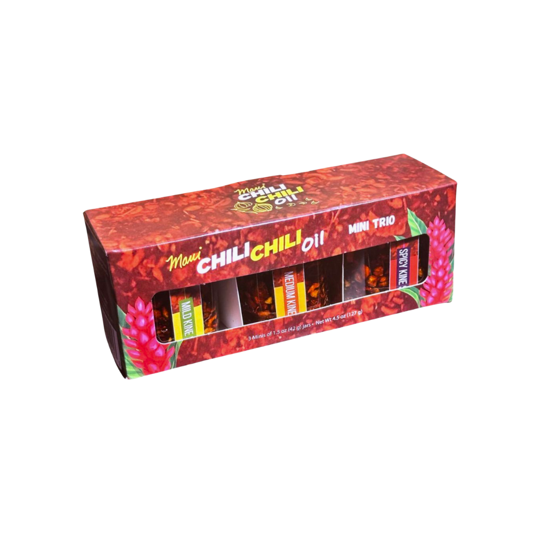 Box of Maui Chil Chili Oi! mini trio with red and yellow design
