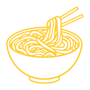 Yellow line drawing of a bowl of noodles with chopsticks on a white background