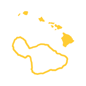 Yellow outline of hawaiian islands with Maui enlarged on a white background