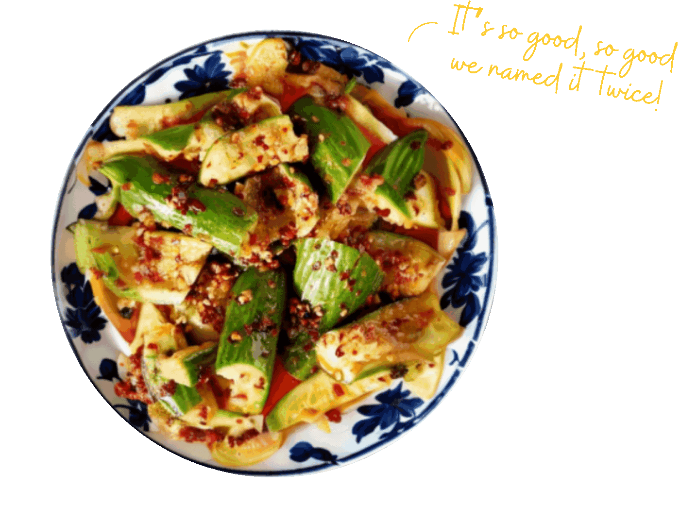 gif of rotating dishes with chili oil and "It's so good so good, we named it twice" written on the side