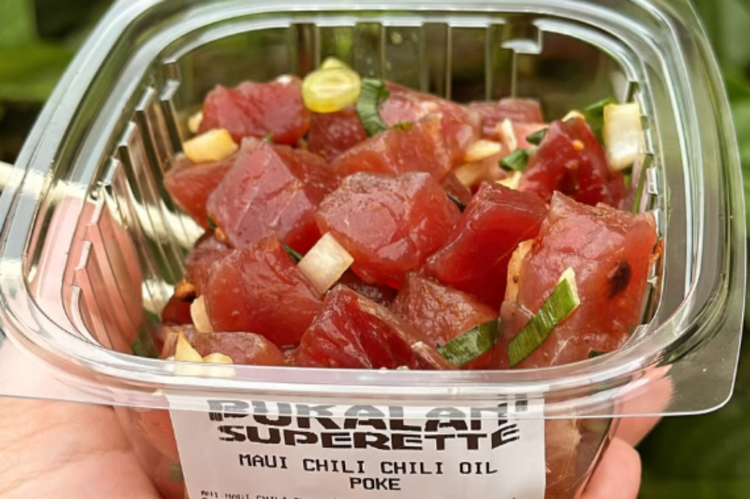 Container of poke with a hand holding it, set against a green leafy background