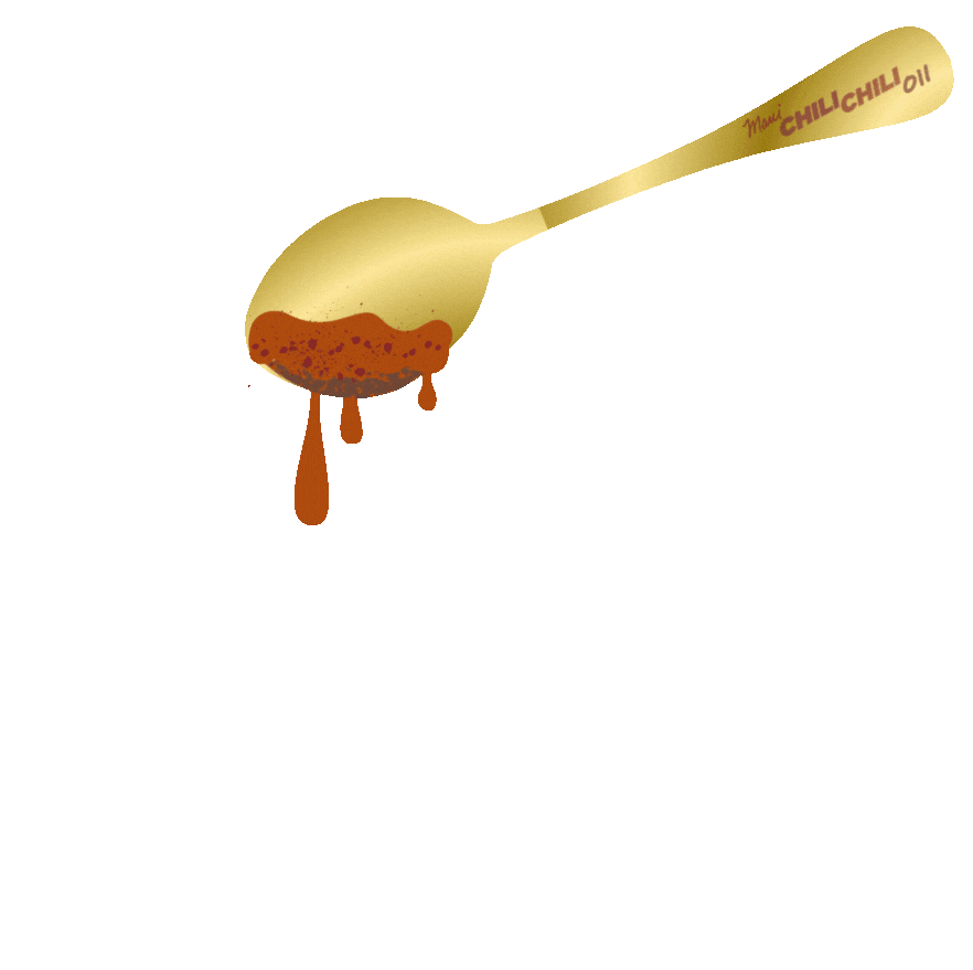 gif images of chili oil being drizzled with a spoon onto multiple dishes like pizza, salad, egg and noodles