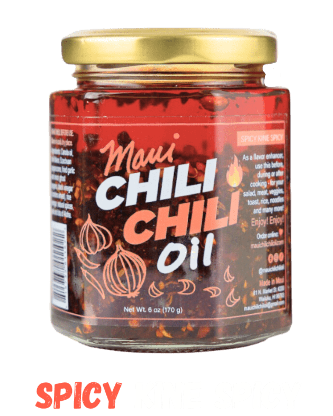 Jar of Spicy Kine Spicy Maui Chili Chili Oil with Spicy Kine Spicy written below