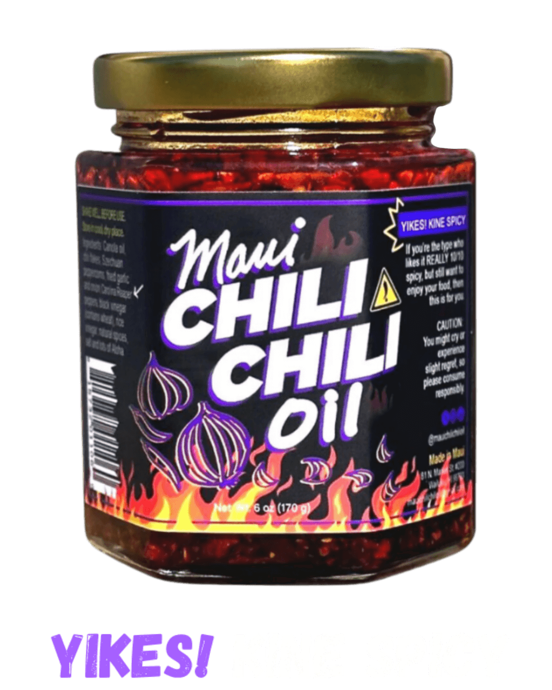Jar of Yikes Kine Spicy Maui Chili Chili Oil with Yikes! Kine Spicy written below